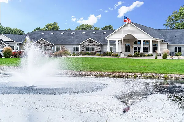 Memory care entrance with fountain